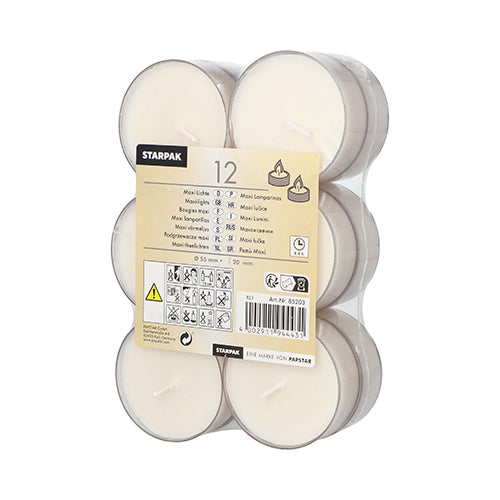 Un emballage en plastique transparent contenant 12 bougies chauffe-plat Starpak Maxi (Ø 55 mm, 20 mm, blanc) avec environ 8 heures de combustion, chacune dans un support en polycarbonate. L'étiquette montre la marque, les détails du produit, les symboles d'application, les consignes de sécurité et un code-barres.
