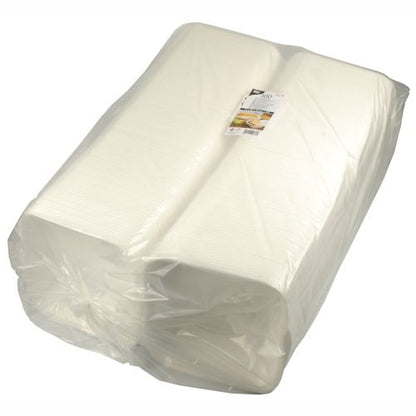 Un grand paquet XXL de 100 boîtes blanches Starpak pour hamburger (XPS, 11x20x20 cm, laminées) emballé dans un film plastique avec une étiquette supérieure contenant des informations sur le produit et une image alimentaire ; idéal pour servir avec des contenants en polystyrène expansé.