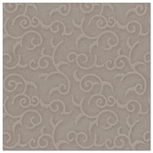 La serviette carrée de la "ROYAL Collection" de PAPSTAR GmbH (20 serviettes, 1/4 pliée, 40x40 cm) présente un élégant motif de volutes en relief en taupe clair, idéal pour une décoration de table sophistiquée.