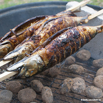 Deux poissons entiers sur bâtonnet sont embrochés sur des PAPSTAR brochettes "pure" de 80 cm (20 pièces) de la société PAPSTAR GmbH et grillés sur du charbon de bois ardent, la peau devenant carbonisée et croustillante au-dessus des braises.