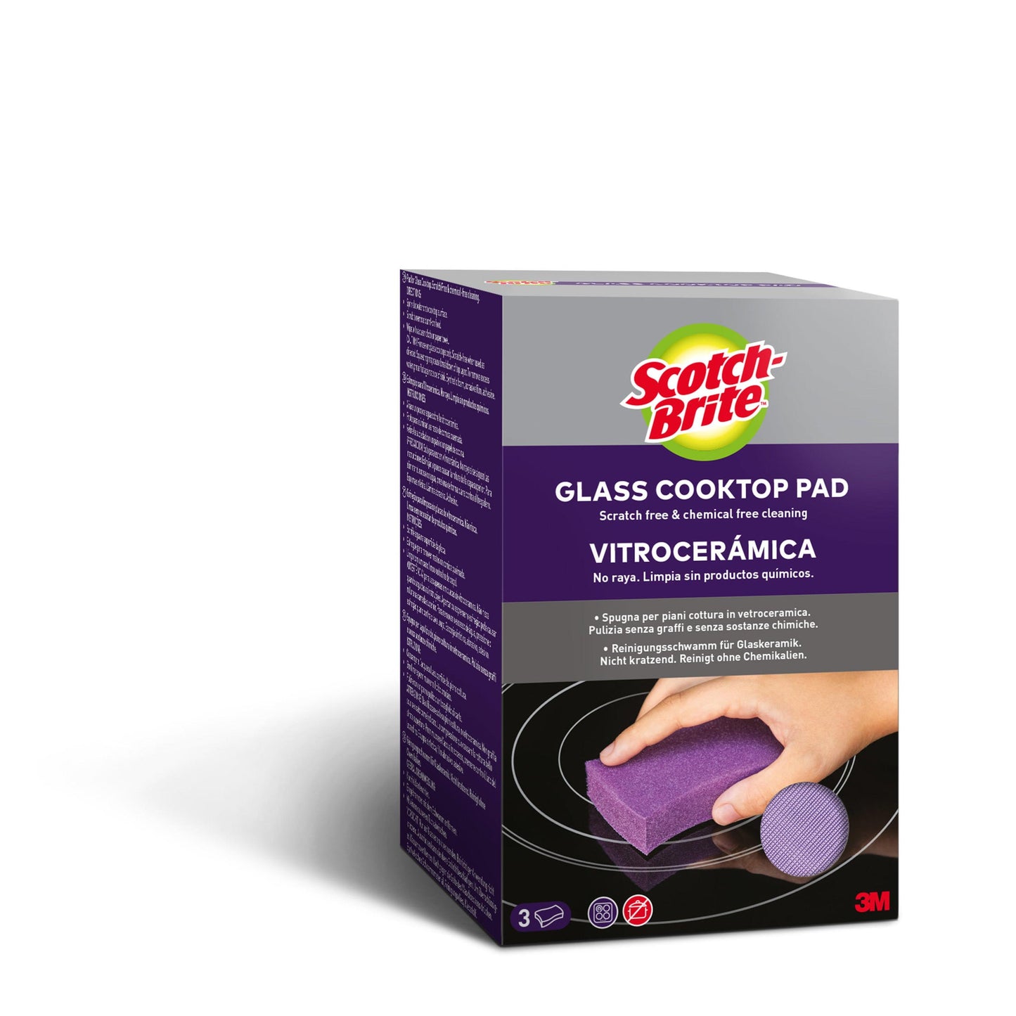 Une boîte de 3 éponges de nettoyage Scotch-Brite™ pour céramique vitrocéramique (3 pièces) montre une main nettoyant une surface de cuisson en verre avec le tampon violet. L'emballage indique qu'il est sans rayures et sans produits chimiques, idéal pour les surfaces en céramique vitrocéramique.
