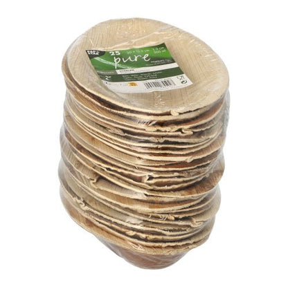 Un paquet de 25 bols ovales en feuille de palmier PAPSTAR "pure" (20x12,5 cm), écologiques et biodégradables, de PAPSTAR GmbH, en film rétractable avec étiquette vert-blanc.
