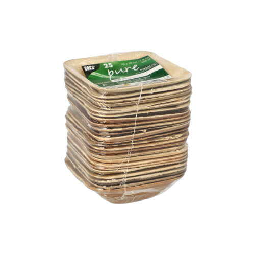 Ein 25er-Pack runder PAPSTAR Palmblatt-Schalen „pure“ von PAPSTAR GmbH, umweltfreundlich und ideal für nachhaltige Events, in klarer Folie mit grün-weißem Etikett verpackt.