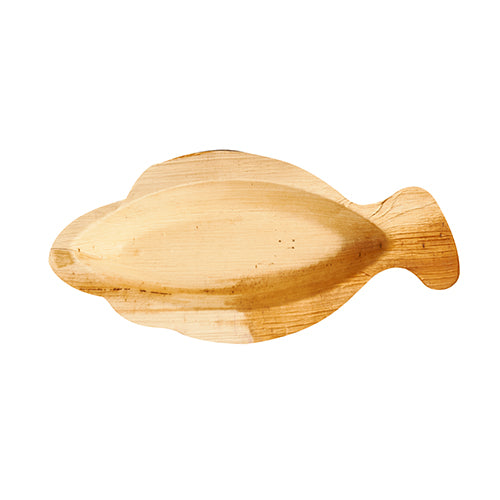 L'assiette PAPSTAR en feuille de palmier "pure" (24x11 cm) au design de poisson, de PAPSTAR GmbH, est biodégradable et présente une structure en bois naturel. Emballé par 25 pièces sous film rétractable, présenté sur fond blanc.