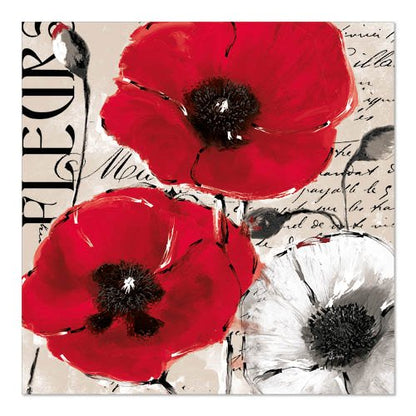 Une image avec trois coquelicots - deux rouges, un blanc - sur un fond beige avec une écriture cursive et "FLEURS" sur le côté, parfait pour PAPSTAR 20 serviettes, 33x33 cm, 3-plis 1/4-pli Design Set 5 de PAPSTAR GmbH.