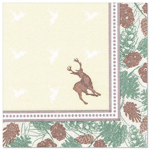 La serviette "ROYAL Collection" de la PAPSTAR GmbH 50 serviettes (40 x 40 cm, 1/4 plié) est bordée de branches de sapin vertes et de pommes de pin brunes. Le centre beige présente un cerf brun, des formes faibles et une fine bordure intérieure grise.