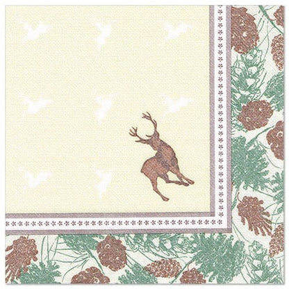 La serviette "ROYAL Collection" de la PAPSTAR GmbH 50 serviettes (40 x 40 cm, 1/4 plié) est bordée de branches de sapin vertes et de pommes de pin brunes. Le centre beige présente un cerf brun, des formes faibles et une fine bordure intérieure grise.