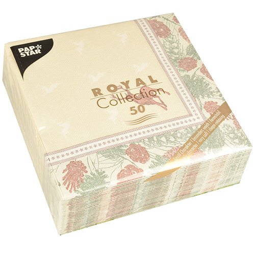 Les PAPSTAR GmbH 50 serviettes "ROYAL Collection" 1/4 plié 40 x 40 cm présentent un motif floral vert et rouge sur fond crème, emballées dans du plastique.