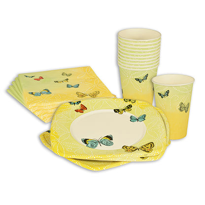 Un ensemble d'assiettes jetables jaunes et blanches, de gobelets et de serviettes PAPSTAR GmbH 20 (33 x 33 cm, 3 plis, Set 2) avec des motifs de papillons, soigneusement disposés sur un fond blanc.