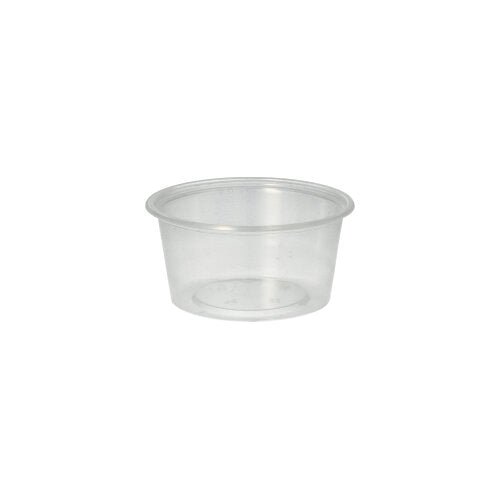 Le gobelet Starpak 50 Dressing, PP rond Ø 7,1 cm transparent de Starpak dispose de côtés lisses et d'un bord légèrement roulé, idéal pour le service traiteur, illustré sur un fond blanc simple.