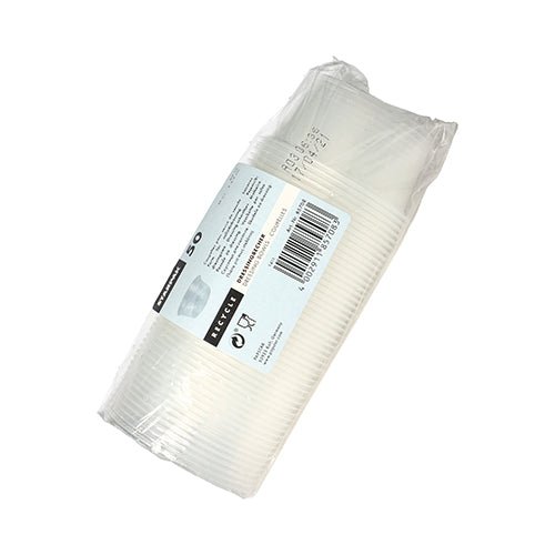 Un emballage en plastique transparent contenant 50 gobelets à dressing Starpak (PP, rond, Ø 7,1 cm) dispose d'une étiquette blanche avec des informations sur le produit et un code-barres. Idéal pour les services traiteur. Fond blanc.