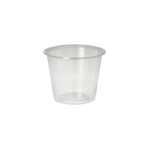 Le gobelet Starpak 50 Dressing, PP rond Ø 7,1 cm transparent, est un petit gobelet en plastique transparent avec un bord légèrement évasé - parfait pour le service traiteur - illustré sur un fond blanc simple.