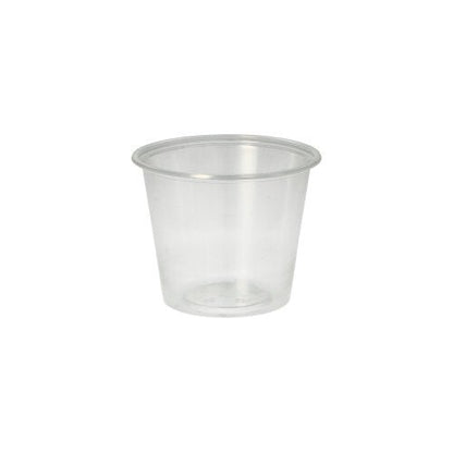 Le gobelet Starpak 50 Dressing, PP rond Ø 7,1 cm transparent, est un petit gobelet en plastique transparent avec un bord légèrement évasé - parfait pour le service traiteur - illustré sur un fond blanc simple.