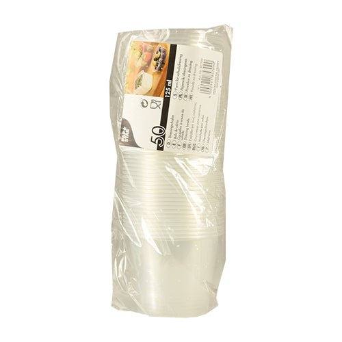 Un paquet scellé contient 50 gobelets à dressing Starpak transparents (PP, rond, Ø 7,1 cm, chacun 125 ml). L'étiquette montre des informations sur le produit ainsi que des illustrations de plats et de boissons.
