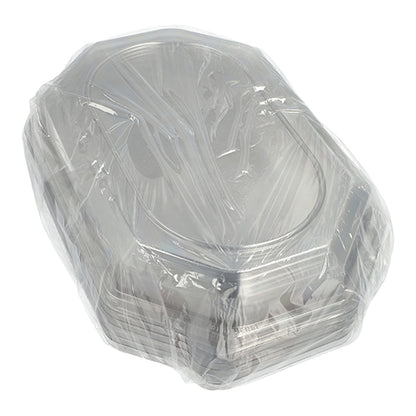 Une pile de couvercles Starpak 10 pour plateaux de service, fabriqués en plastique PET transparent, idéale pour conserver la fraîcheur des aliments.
