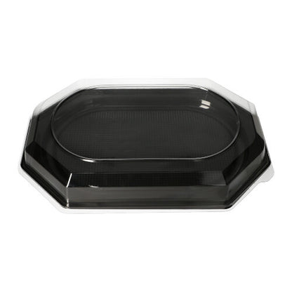 Le couvercle Starpak 10 pour plateaux de service, PET transparent, est un plateau octogonal noir durable en plastique avec un couvercle transparent et une surface texturée - idéal pour transporter ou présenter des aliments tout en les gardant frais.