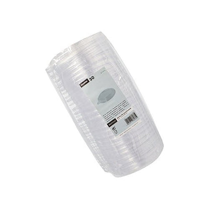 Un paquet de 50 couvercles jetables Starpak en PS (Ø 12,5 cm, 2,1 cm, transparent) pour saladiers "To Go", emballé dans du film transparent, équipé d'une étiquette rectangulaire avec des informations de marque et un code-barres - parfait pour les plats à emporter.