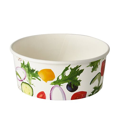 Les bols à salade Starpak 45, carton "To Go" Ø 15 cm "Salat", sont des bols en papier blancs avec un imprimé végétarien coloré, idéaux comme bols à salade écologiques pour des repas frais et durables.