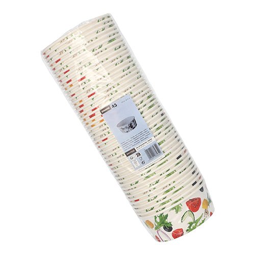 45 bols à salade écologiques "To Go" en carton (Ø 15 cm) de Starpak avec imprimé de légumes, dans un emballage plastique transparent. Une étiquette produit avec des informations est attachée à l'emballage.