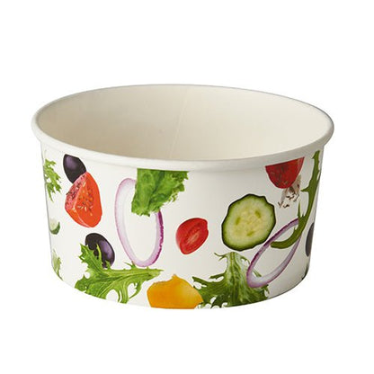 Les bols à salade Starpak 45 "To Go" sont des bols en carton jetables blancs de 15 cm de diamètre, avec des images de tomates, concombres, oignons rouges, salade et olives imprimées à l'extérieur.