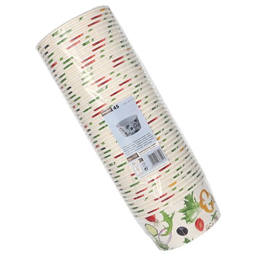 Une pile de 45 bols à salade "To Go" Starpak en carton, 15 cm de diamètre, avec un motif de légumes et d'herbes, emballée dans du plastique avec code-barres, étiquette produit et informations d'utilisation.