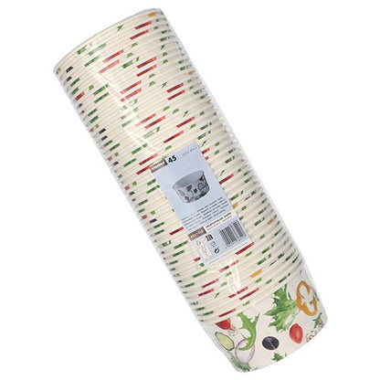 Une pile de 45 bols à salade "To Go" Starpak en carton, 15 cm de diamètre, avec un motif de légumes et d'herbes, emballée dans du plastique avec code-barres, étiquette produit et informations d'utilisation.