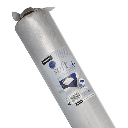 Un rouleau de nappe Starpak, semblable à du tissu, Vlies "soft selection plus" est présenté debout avec un emballage contenant des informations sur le produit et une image de table - idéal comme nappe durable et polyvalente ou Vlies.