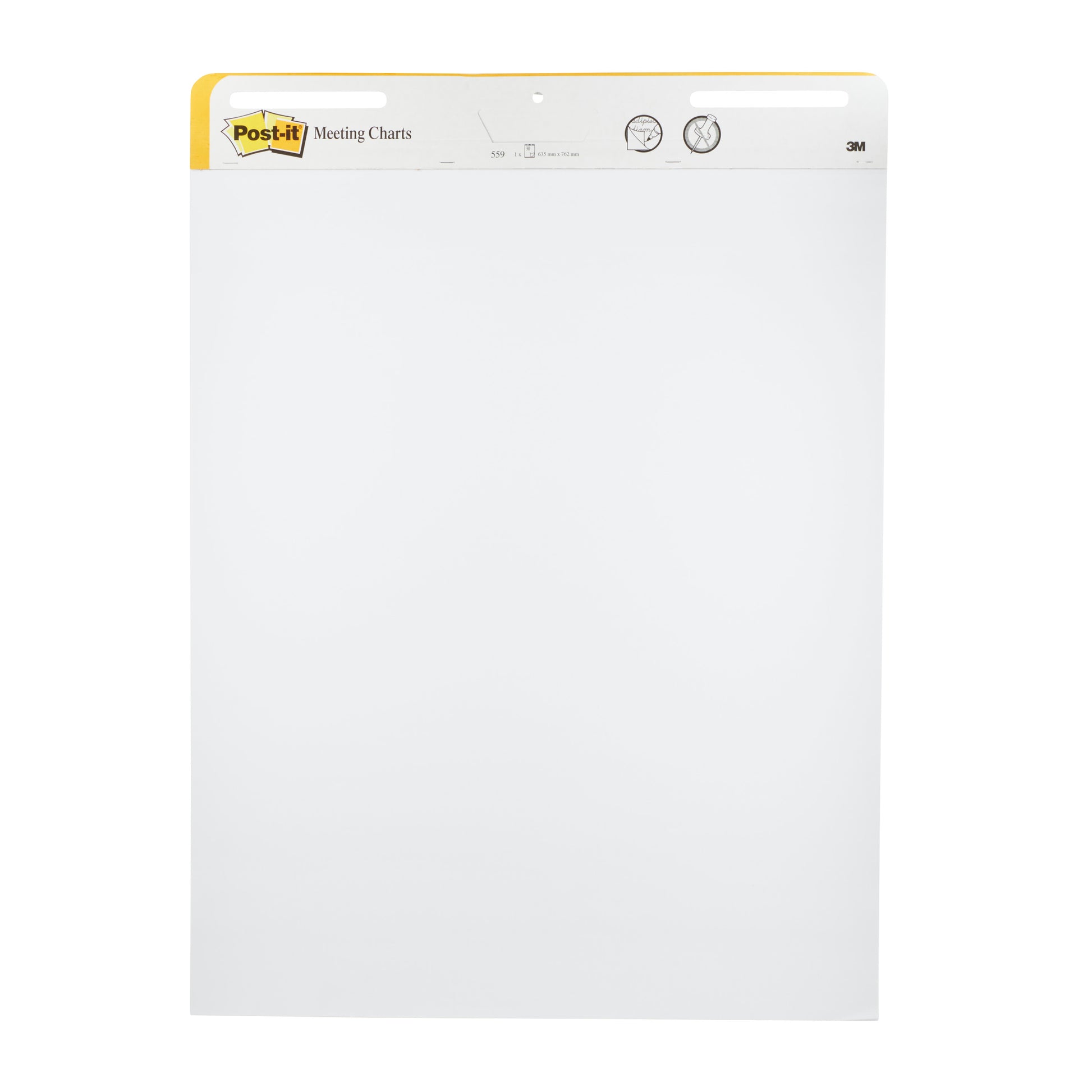 Der Post-it® Super Sticky selbsthaftendes Meeting Chart/Flipchart 559 von 3M Deutschland GmbH hat 30 weiße Blätter pro Block, ist 63,5 x 76,2 cm groß, hat einen gelb-weißen Kopf mit Logo und ist vertikal ausgerichtet für die Wandmontage. Packung mit 2 Blöcken.