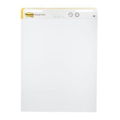 Le Post-it® Super Sticky tableau de réunion auto-adhésif/flipchart 559 de 3M Deutschland GmbH a 30 feuilles blanches par bloc, mesure 63,5 x 76,2 cm, a une tête jaune-blanche avec logo et est orienté verticalement pour le montage mural. Paquet de 2 blocs.