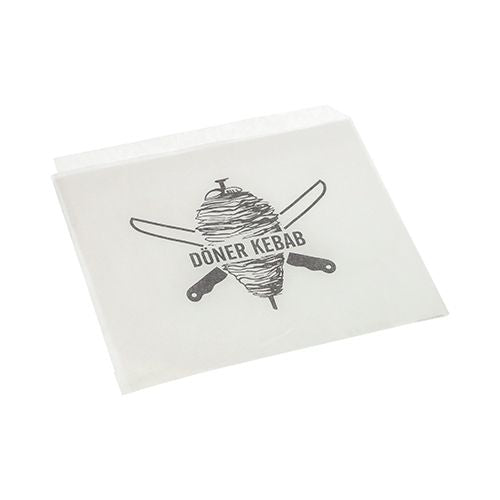 Les PAPSTAR sacs à döner kebab, substitut de parchemin, 16x16 cm, film rétractable résistant à la graisse (1000 pièces) de PAPSTAR GmbH est un emballage alimentaire blanc durable avec une broche à döner et des couteaux croisés ainsi que le texte "DÖNER KEBAB".