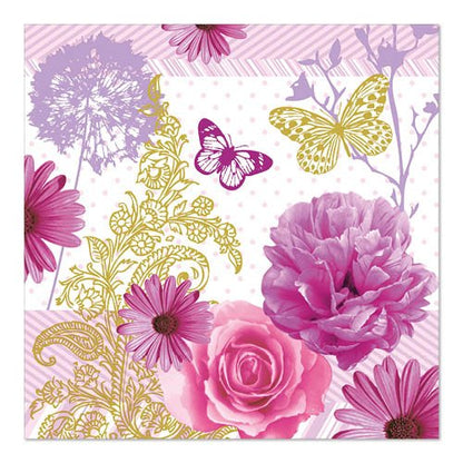 PAPSTAR GmbH 20 serviettes, 33 cm x 33 cm, 3-plis, Set 5 : Design avec des fleurs roses (rose, pivoine, marguerite), des papillons dorés/violets et un feuillage doré orné sur un fond à rayures diagonales et à pois.