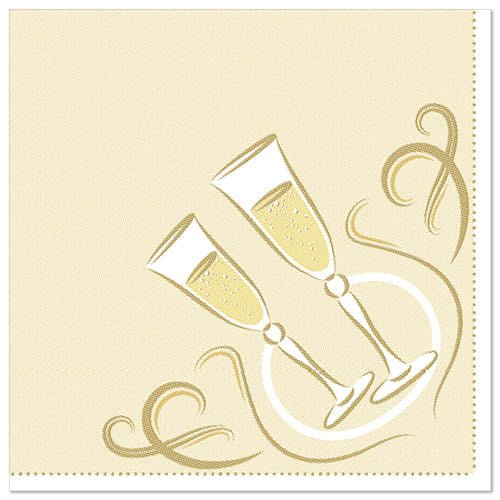 Les 50 serviettes "ROYAL Collection" 1/4 pli 40 x 40 cm or de PAPSTAR de PAPSTAR GmbH présentent une serviette beige avec deux verres de champagne qui se touchent, des bulles de savon et des tourbillons dorés dans un design circulaire.