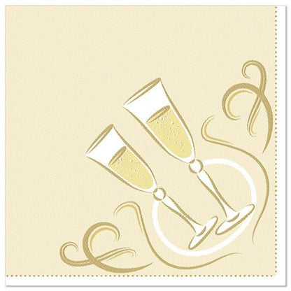 Les 50 serviettes "ROYAL Collection" 1/4 pli 40 x 40 cm or de PAPSTAR de PAPSTAR GmbH présentent une serviette beige avec deux verres de champagne qui se touchent, des bulles de savon et des tourbillons dorés dans un design circulaire.