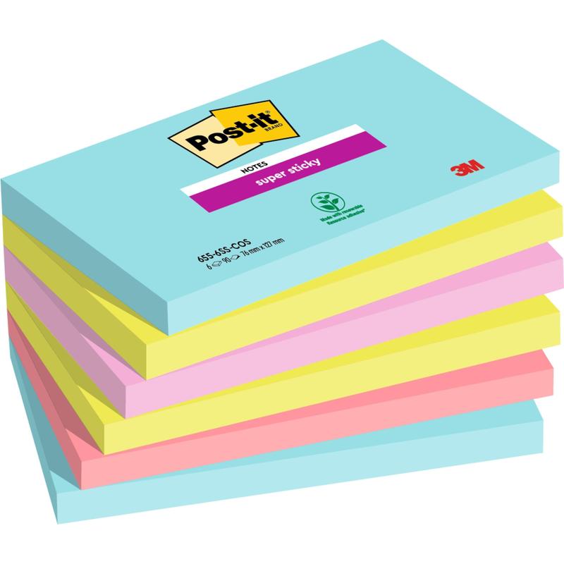 Une pile de six Post-it® Super Sticky Notes (76 mm x 127 mm, 90 feuilles/bloc, 100% PEFC) de 3M Allemagne GmbH en bleu, rose et jaune avec un branding visible sur le bloc supérieur est illustrée.