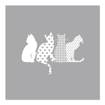 Quatre silhouettes de chats blancs avec des motifs différents ornent ces PAPSTAR GmbH 20 serviettes, 33x33 cm, 3-plis, 1/4-pli Design Set 5.