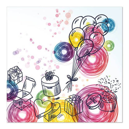 Des ballons, des cadeaux, des cœurs, des chapeaux de fête, des bonbons et des tourbillons colorés dessinés à la main ornent les PAPSTAR 20 serviettes 33x33cm 3 plis Design Set 6 de PAPSTAR GmbH dans les couleurs rose, jaune, bleu et violet sur fond blanc.