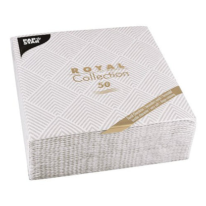 Un paquet de 50 PAPSTAR serviettes "ROYAL Collection", 1/4-pli, 40 x 40 cm, en gris de PAPSTAR GmbH. Les serviettes sont empilées et soigneusement emballées dans un emballage transparent avec le logo PAPSTAR sur le dessus.