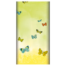 La nappe en Airlaid "Papillons" (120x180 cm) de la PAPSTAR GmbH se distingue par un dégradé doux jaune-vert, des illustrations de papillons bleus, jaunes et orange et un motif de points blancs au bord inférieur.