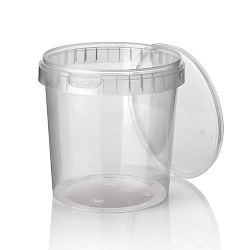 Un gobelet transparent et rond Starpak 30 de 770 ml (Ø 11,8 cm) avec un couvercle d'authenticité est légèrement ouvert sur un fond blanc, avec une subtile réflexion en dessous. Contenu : 30 gobelets en PP adaptés aux aliments avec film rétractable.