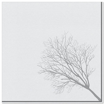 Une illustration minimaliste d'une branche sans feuilles, inspirée par le design élégant PAPSTAR 50 serviettes "ROYAL Collection" 1/4 plié 40 x 40 cm de la PAPSTAR GmbH, s'étend en diagonale depuis le bas à droite sur un fond blanc simple.