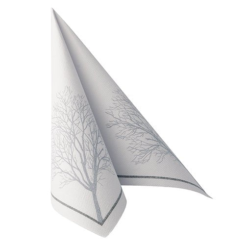Une serviette blanche PAPSTAR 50 serviettes "ROYAL Collection" 40x40 cm, pliée en triangle, avec une bordure grise discrète et le contour imprimé d'un arbre sans feuilles gris de PAPSTAR GmbH.