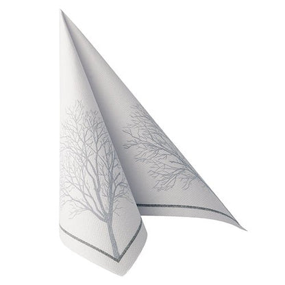 Une serviette blanche PAPSTAR 50 serviettes "ROYAL Collection" 40x40 cm, pliée en triangle, avec une bordure grise discrète et le contour imprimé d'un arbre sans feuilles gris de PAPSTAR GmbH.