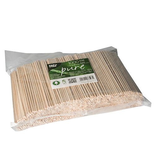 Un emballage en plastique transparent contient 1 000 bâtonnets en bois PAPSTAR GmbH "pure" (Ø 3 mm, 15 cm), bâtonnets en bois polyvalents. Idéal pour les travaux manuels, avec une étiquette frontale verte et blanche pour l'information produit.