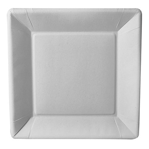 Un carré blanc de 22,5 cm de côté PAPSTAR Les assiettes en carton de la gamme « pure » de la société GmbH (50 pièces) sont présentées vues de dessus ; elles présentent des bords légèrement surélevés et une surface lisse et respectueuse de l'environnement.
