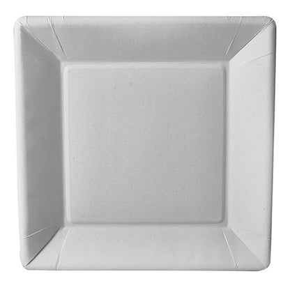Un carré blanc de 22,5 cm de côté PAPSTAR Les assiettes en carton de la gamme « pure » de la société GmbH (50 pièces) sont présentées vues de dessus ; elles présentent des bords légèrement surélevés et une surface lisse et respectueuse de l'environnement.