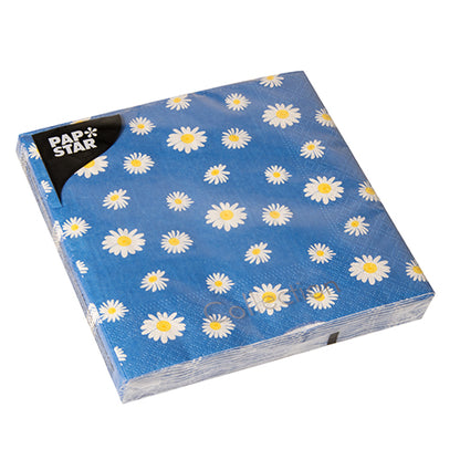 Un paquet de 20 serviettes PAPSTAR de PAPSTAR GmbH, 33 x 33 cm, 3 plis, avec des marguerites blanches et des cœurs jaunes sur fond bleu. En haut à gauche, "Pap Star" est écrit en blanc sur fond noir.