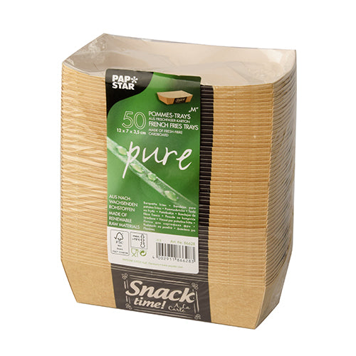 Ein Stapel von 50 PAPSTAR „pure“ Pommes-Frites-Schalen (3,5 x 7 cm) der PAPSTAR GmbH, gekennzeichnet mit „Good Food“, aus nachwachsenden Rohstoffen, biologisch abbaubar, umweltfreundlich – ideal zum Servieren von Pommes.