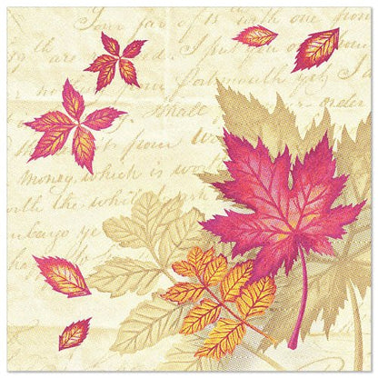 Illustration de feuilles d'automne rouges, orange et jaunes sur fond beige avec une écriture cursive discrète - un design inspiré par les "ROYAL Collection" 50 serviettes 1/4 plié de la PAPSTAR GmbH (40 x 40 cm). Certaines feuilles sont vives, d'autres atténuées.