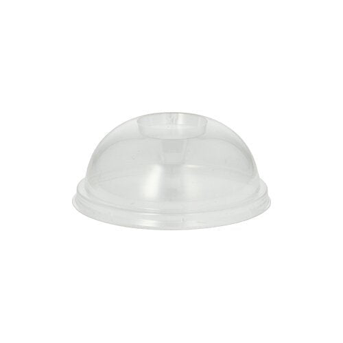 Le PAPSTAR 100 couvercles Dom, PLA « pure », ronds, Ø 9,5 cm · 4,5 cm, transparents comme du verre, les PAPSTAR GmbH est un couvercle transparent en forme de dôme, doté d'une petite ouverture ronde, conçu pour les tasses ou les récipients alimentaires. Il est représenté sur un fond blanc uni.