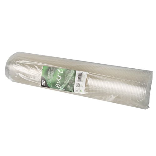 Une pile enroulée de PAPSTAR 100 couvercles Dom, couvercles ronds en PLA « pure » (Ø 9,5 cm, 4,5 cm), de la PAPSTAR GmbH, conditionné dans un emballage transparent muni d'une étiquette verte et blanche comportant les informations sur le produit.